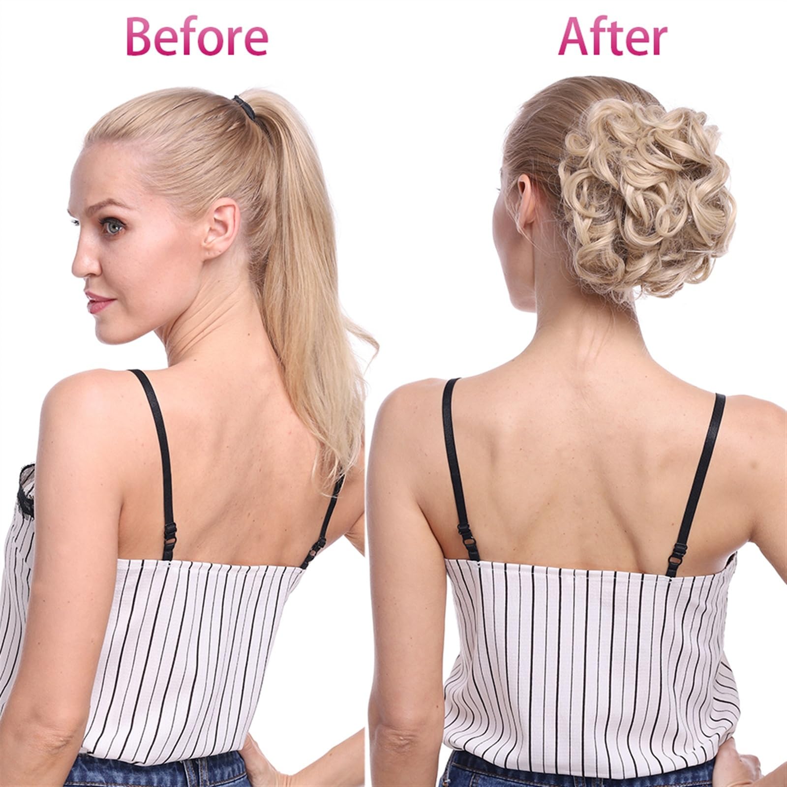 Moño para mujer, pelo sintético, moño de pelo desordenado, clip en extensión de pelo, moño de pelo rizado, moño de cola de caballo con 2 clips de peine para moño de mujer (color: marrón medio)
