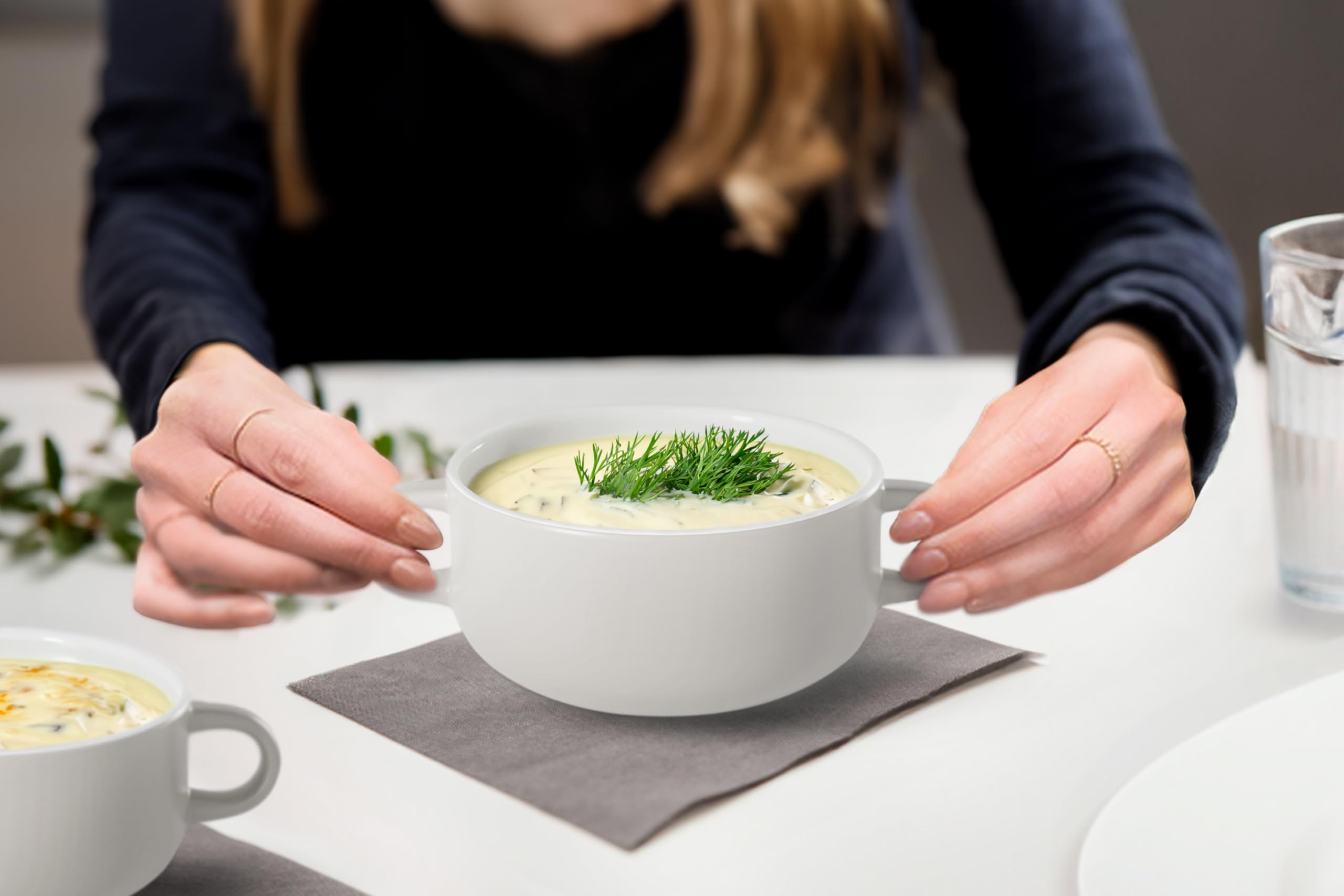 Kook Naczynia do zupy, miski ceramiczne, broilowanie, do piekarnika, kuchenki mikrofalowej i zmywarki, z uchwytami, do zapiekanek, makaronów, płatków, 597 ml, zestaw 4 szt. (białe)