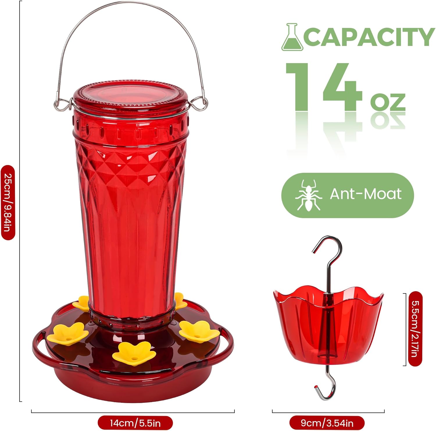 Hummingbird Feeder 2pack-14Ounces,5 Feeding Ports Glass Hummingbird feeders for Outdoors,Wide Mouth for Easy Filling/Cleaning,Hanging for Garden Backyard Decor, Includes Ant Moat (Red) - Image 2