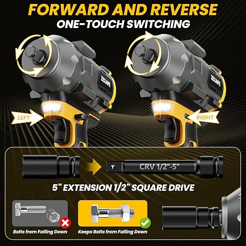 Miniatura 5 de Llave de impacto inalámbrica de 1/2 pulgada para batería Dewalt de 20 V, llave de impacto de 1360 N.m (950 pies-libras) Pistola de impacto eléctrica