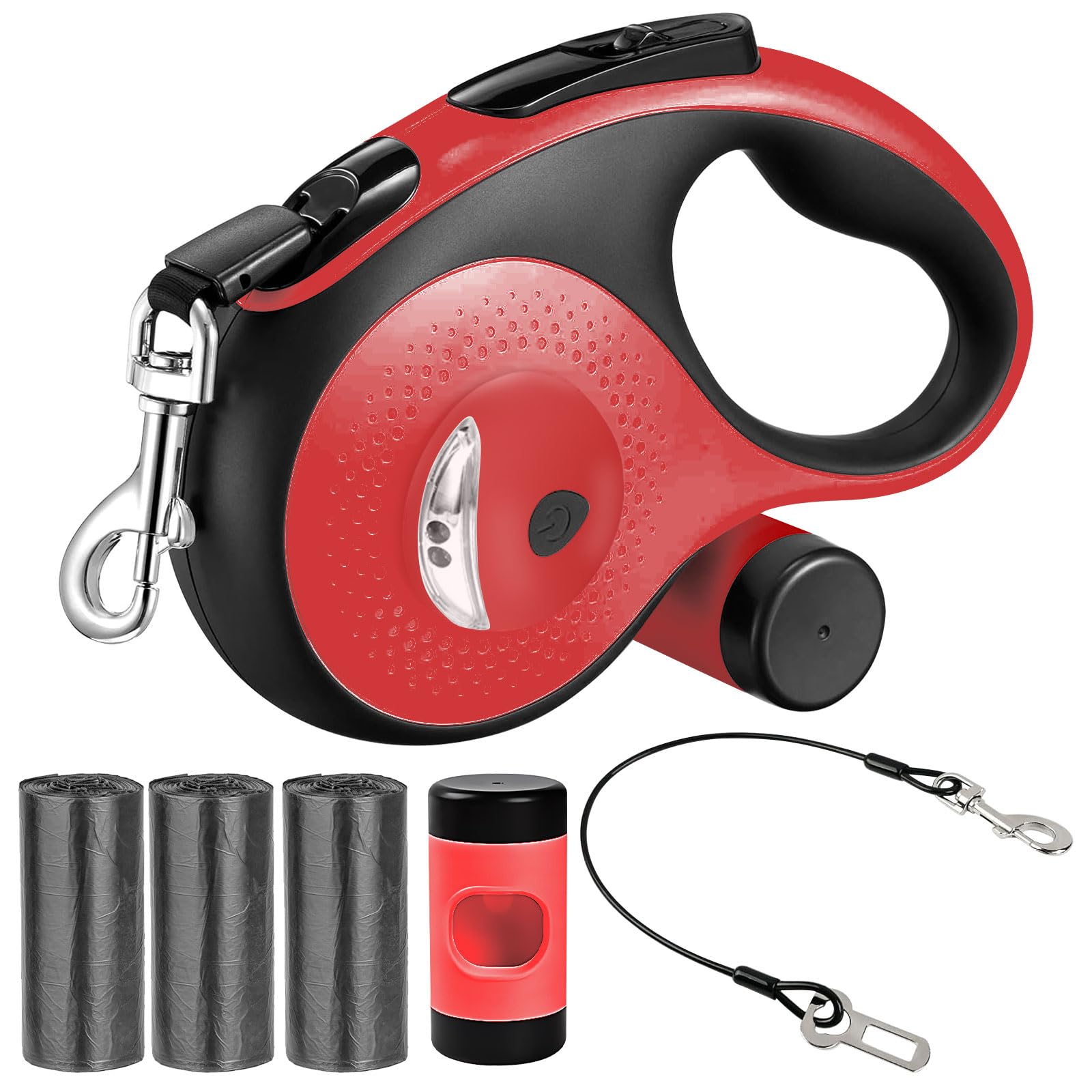 VTOPVMAX Retractable Dog Lead 8m/26FT for Medium/Large Dogs up to 50kg/110lbs - Heavy Duty Extendable Dog Lead with Chew-Proof Cable, LED Light, Poop Bag Dispenser, One-Hand Brake (Red)