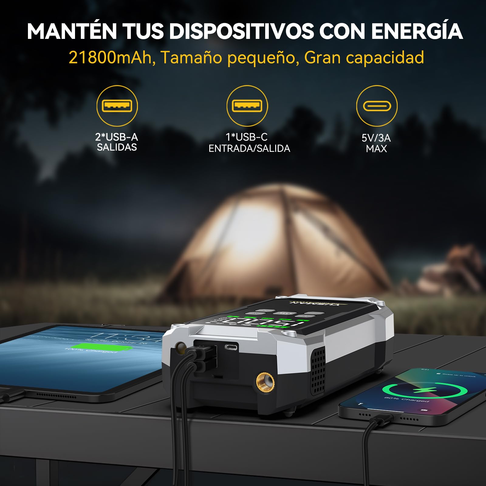 YUSMAN Arrancador de Baterias de Coche con Compresor de Aire, 12V 8000A Arrancador Coche Portatil con Inflador de 160 PSI (para All Gasolina o 10L Diesel), Linterna LED de Emergencia