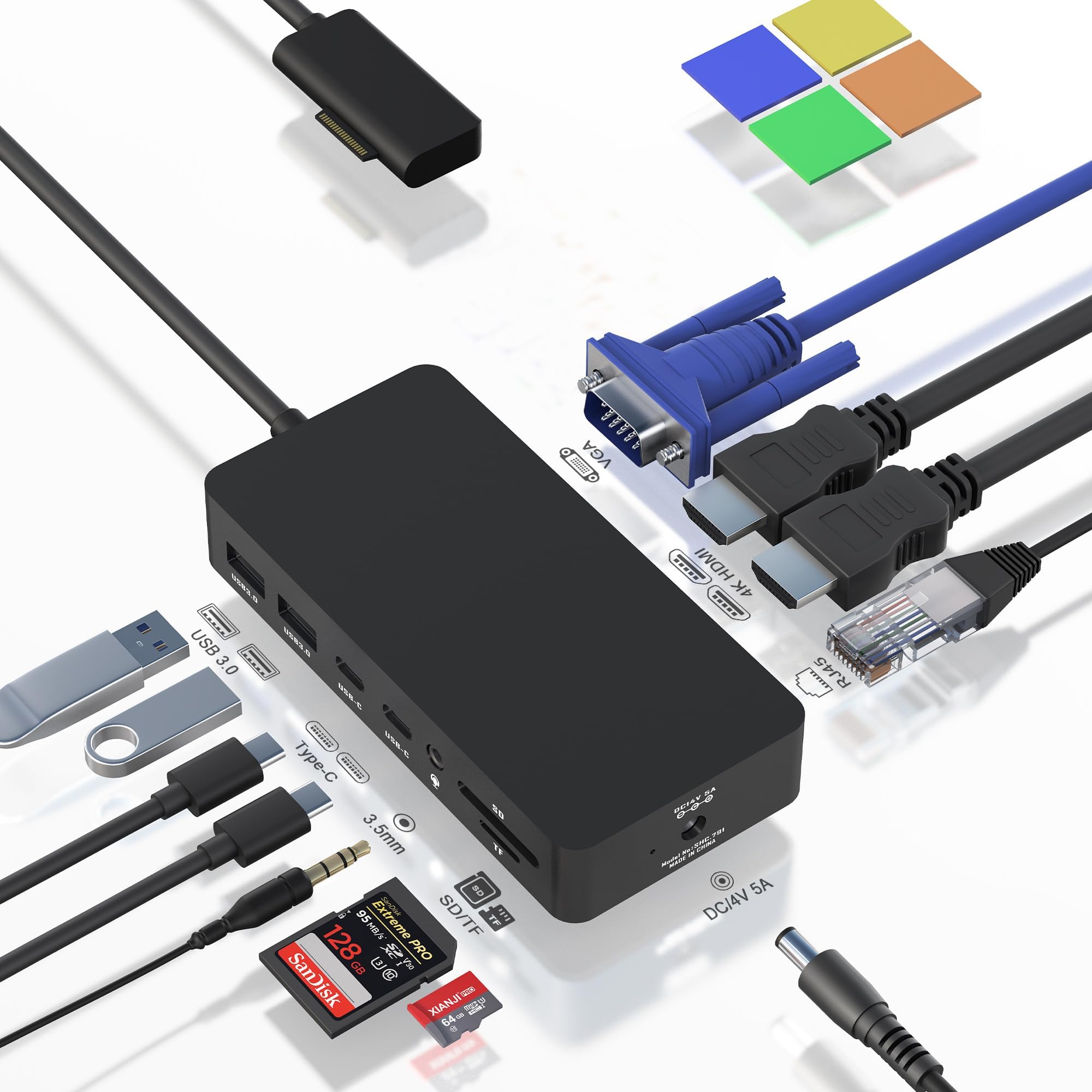 Microsoft Surface Dock Triple Display Dual HDMI + VGA 12 in 1 Surface Docking Station for Surface Pro 11/10/9/8/X/7/6/5/4/3/3, Surface Laptop 6/5/4/3/2/1, Surface Laptop Go 3/2, Surface Book 3/2/1