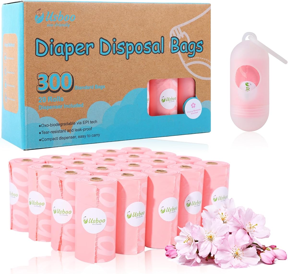 Bolsas de pañales desechables perfumadas USBOO, 20 rollos de repuesto/300 bolsas, rosa | Bolsas para pañales biodegradables a prueba de fugas con dispensador, para el hogar y para llevar, pañales sucios y desechos de mascotas, aroma a flor de cerezo