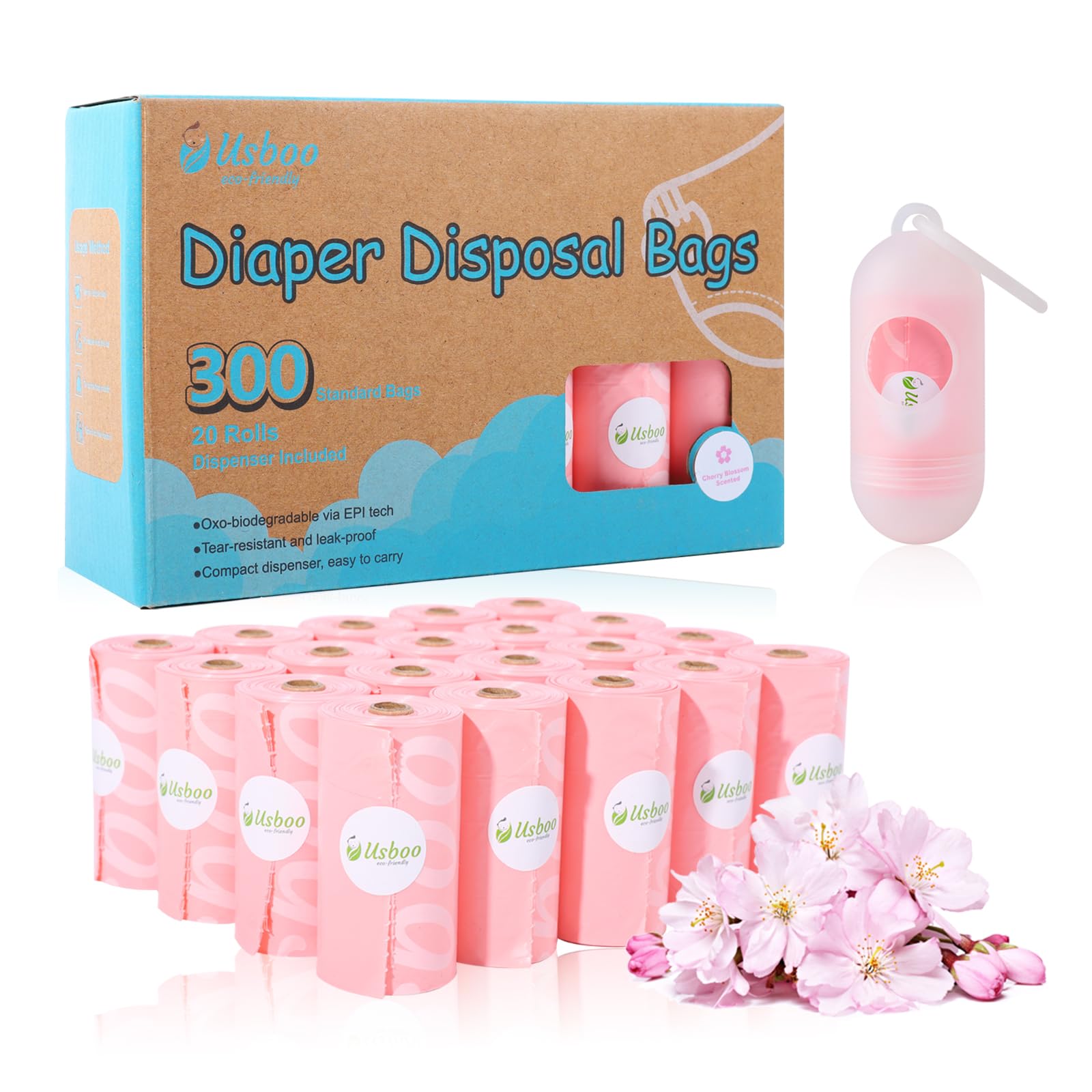 USBOO Disposable Diaper Bags for Baby - 20 Refill Rolls (300 Pack), Disposable Trash Bag with Dispenser - Cherry Blossom Scented, Pink, Ideal for