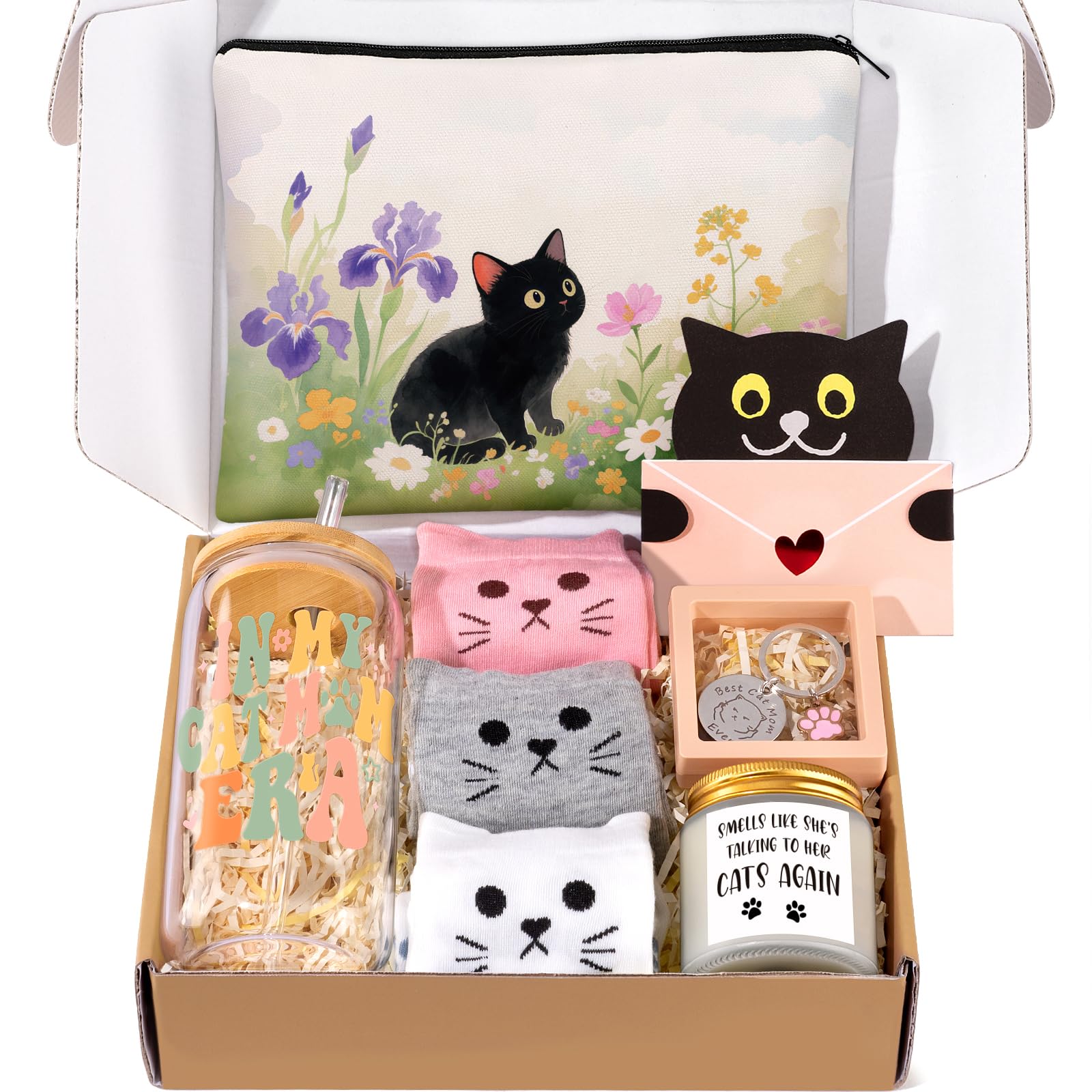 Cat Lover Gifts for Women, Cat Gifts for Women, Cat‘s Themed Gift for Christmas Mothers Day Birthdays, Funny Gift for Cats Lovers for Crazy Cats Lady Mom Daughters with Glass Cup Scented Candle Socks