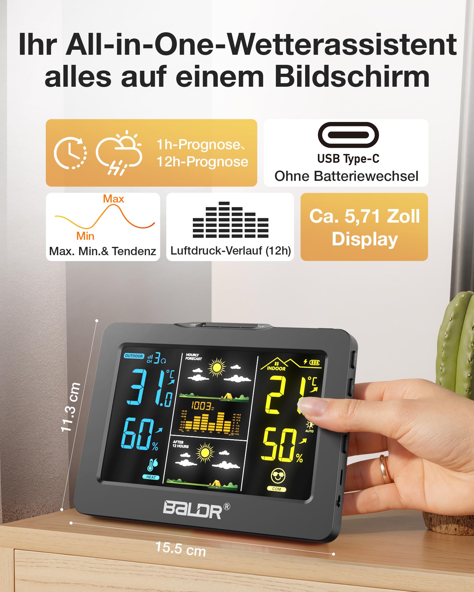 BALDR Wireless Wetterstation mit Außensensor, Digitales Farbdisplay – Innen/Außen Thermometer & Hygrometer, 1h + 12h Wettervorhersage, Wiederaufladbarer Akku