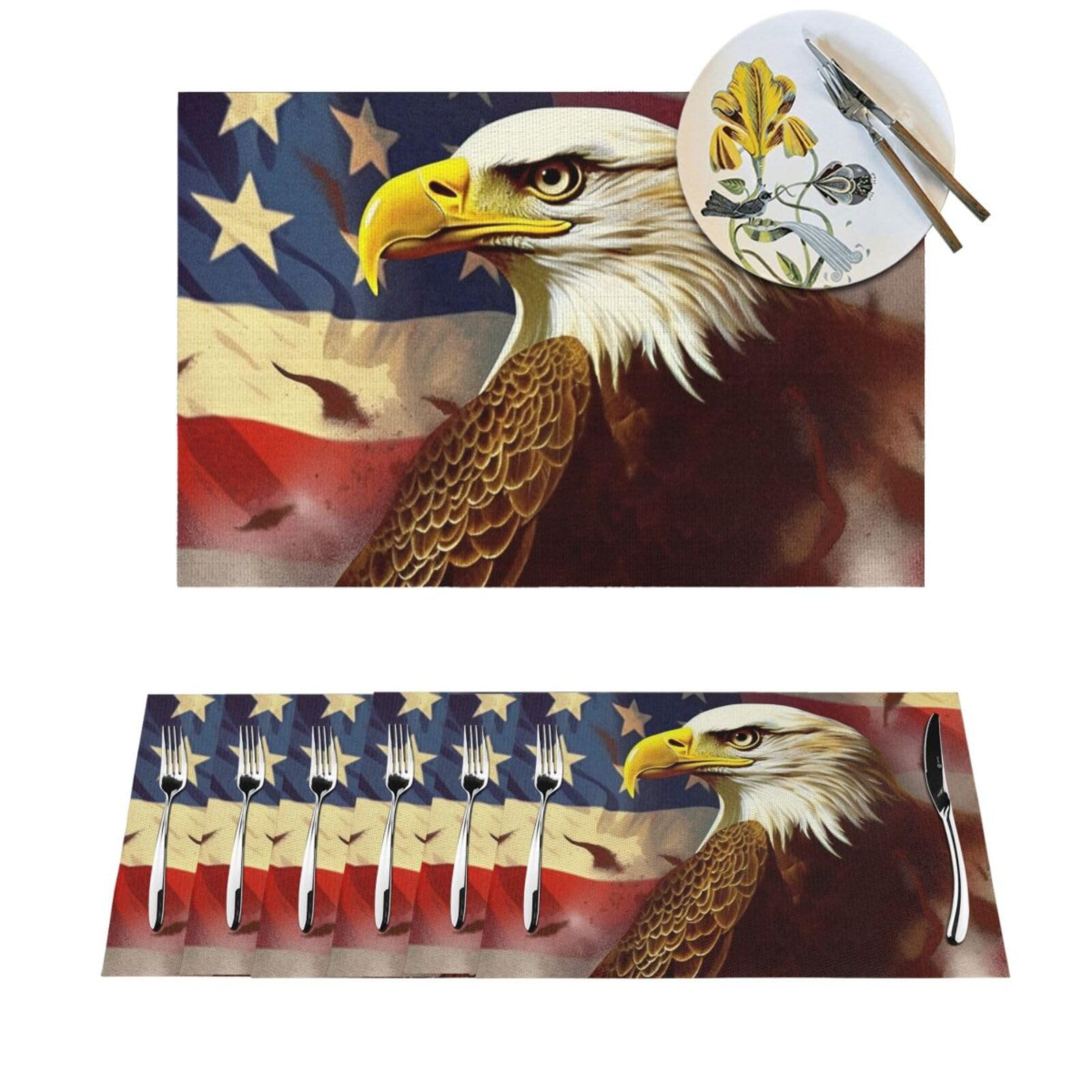 Set di tovagliette con stampa artistica con aquila con bandiera americana, in PVC, resistenti al calore, antiscivolo, lavabili, per cene, feste di nozze, festival, 30,5 x 45,7 cm