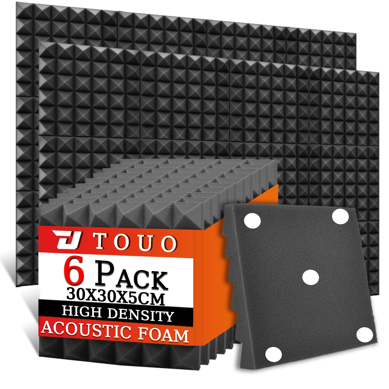 Akustikschaumstoffplatten, 30 x 30 x 5 cm, schalldichte Pyramiden-Schallschutzplatten für Wände, hochdichte, feuerbeständige Schallschutz-Schaumstoffe für Studio-Wände und Decken, 6 Stück