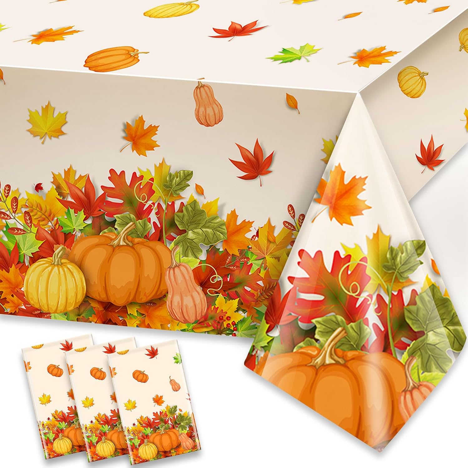 HOWAF 3 Pack Thanksgiving Tablecloth, Happy Thanksgiving Disposable Pumpkin Maple Leaves Rectangle Waterproof Plastic Table Cover for Give Thanks Fall Harvest Party Decoration Supplies, 54”x108”