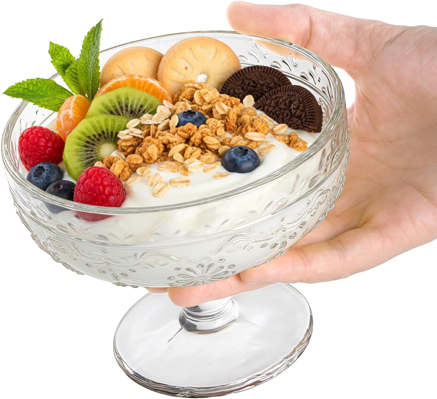 4 Pack Glass Ice Cream Bowls, 12 Oz Vintage Dessert Cups, Footed Large Sundae Dish Parfait Serving Dinnerware for Pudding, Fruit Salad, Cocktail, Yogurt