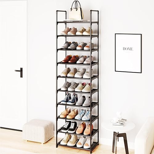 Miniatura 2 de Zapatero grande de 10 niveles, 20-25 pares de estantes resistentes para zapatos, soporte alto para zapatos de entrada, pasillo y armario (negro)