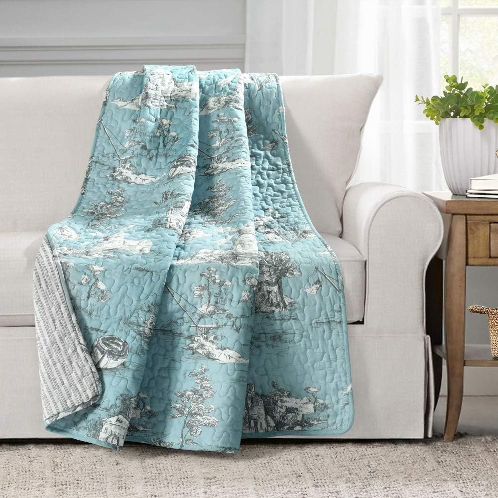 Lush Decor French Country Toile Reversible Cotton Throw Blanket Single 50" W x 60" Yellow & Gray - Yellow Blankets for Bed - Vintage Couch Blanket