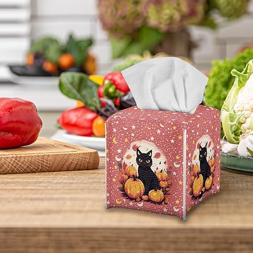 Miniatura 5 de Caja de pañuelos con estampado de calabaza y gato, caja de pañuelos cuadrada con cinturón inferior, diseño de luna y estrella, dispensador de papel