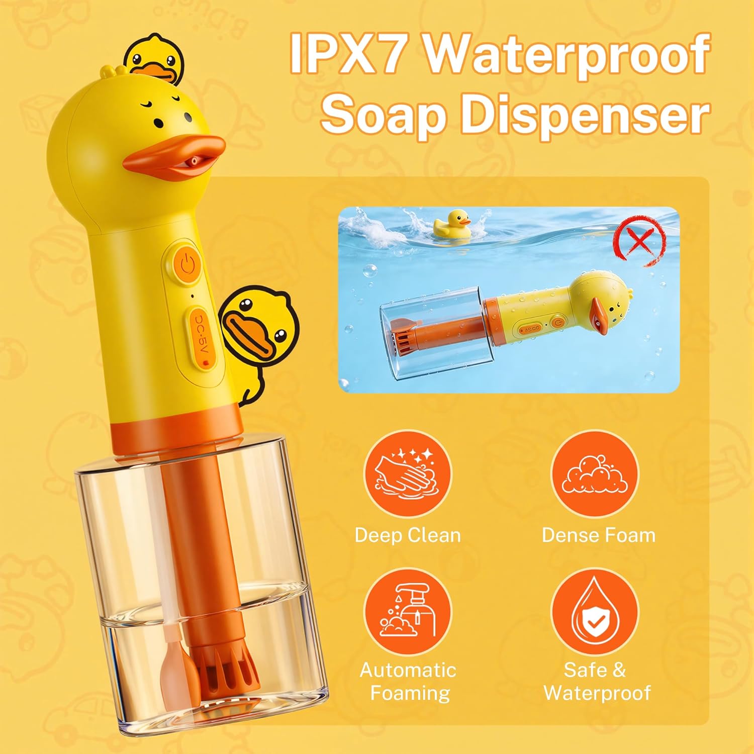 Electric Duck Foam Sprayer with Automatic Foaming Soap Dispenser, Rechargeable Dog Shampoo Dispenser, Suitable for Dog Bath, Kitchen and Pet Cleaning,10.08 × 3.27 × 3.27 inch