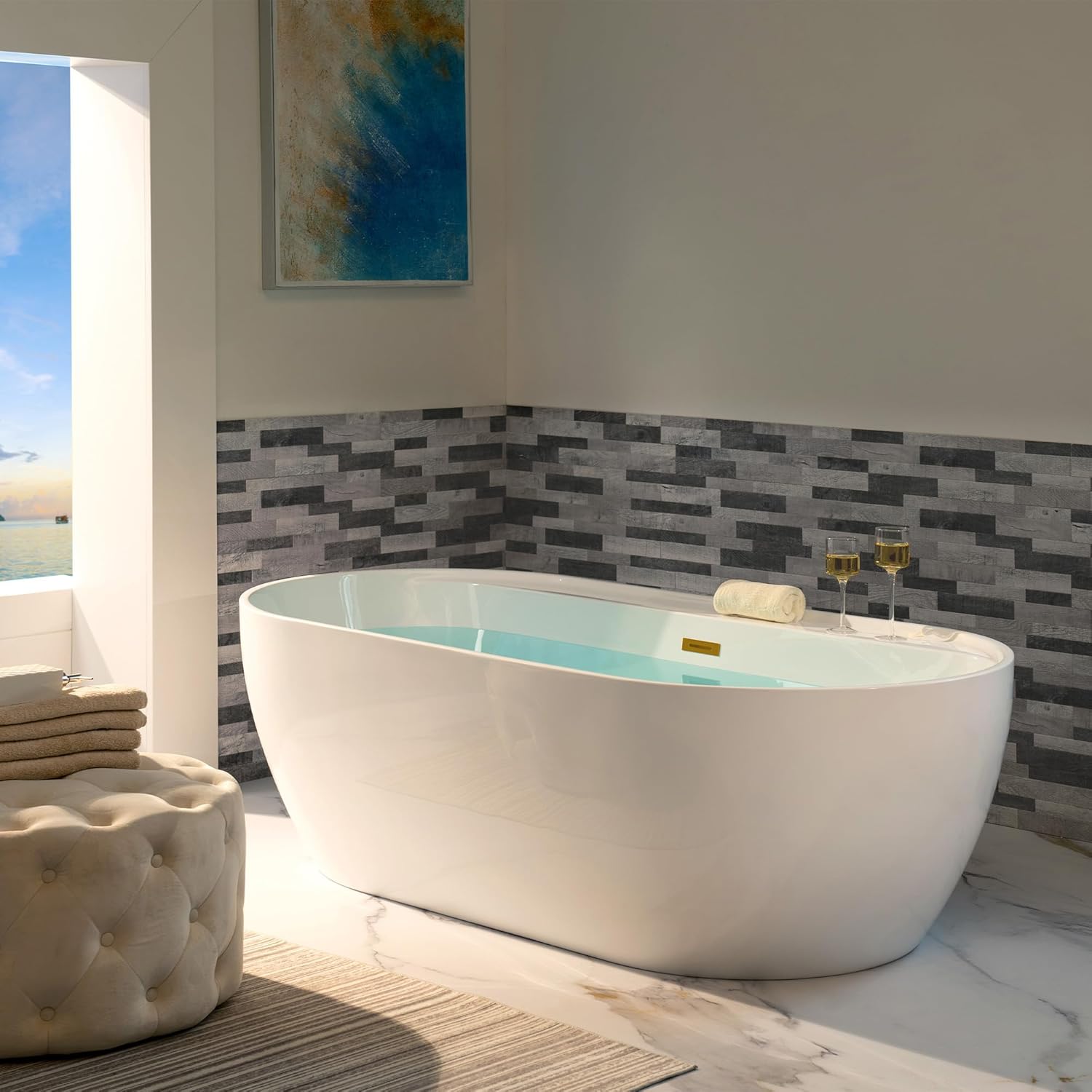 WOODBRIDGE 72" Acrylic Freestanding Bathtub Contemporary Soaking White Tub with Brushed Gold Overflow and Drain,B0059-BG - Image 3