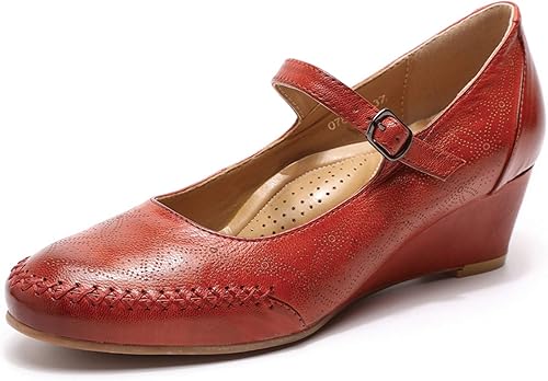 Mona flying Women's Leather Wedges Mid Heel Round Toe Classic Office Shoes for Women Walking Dress Pumps