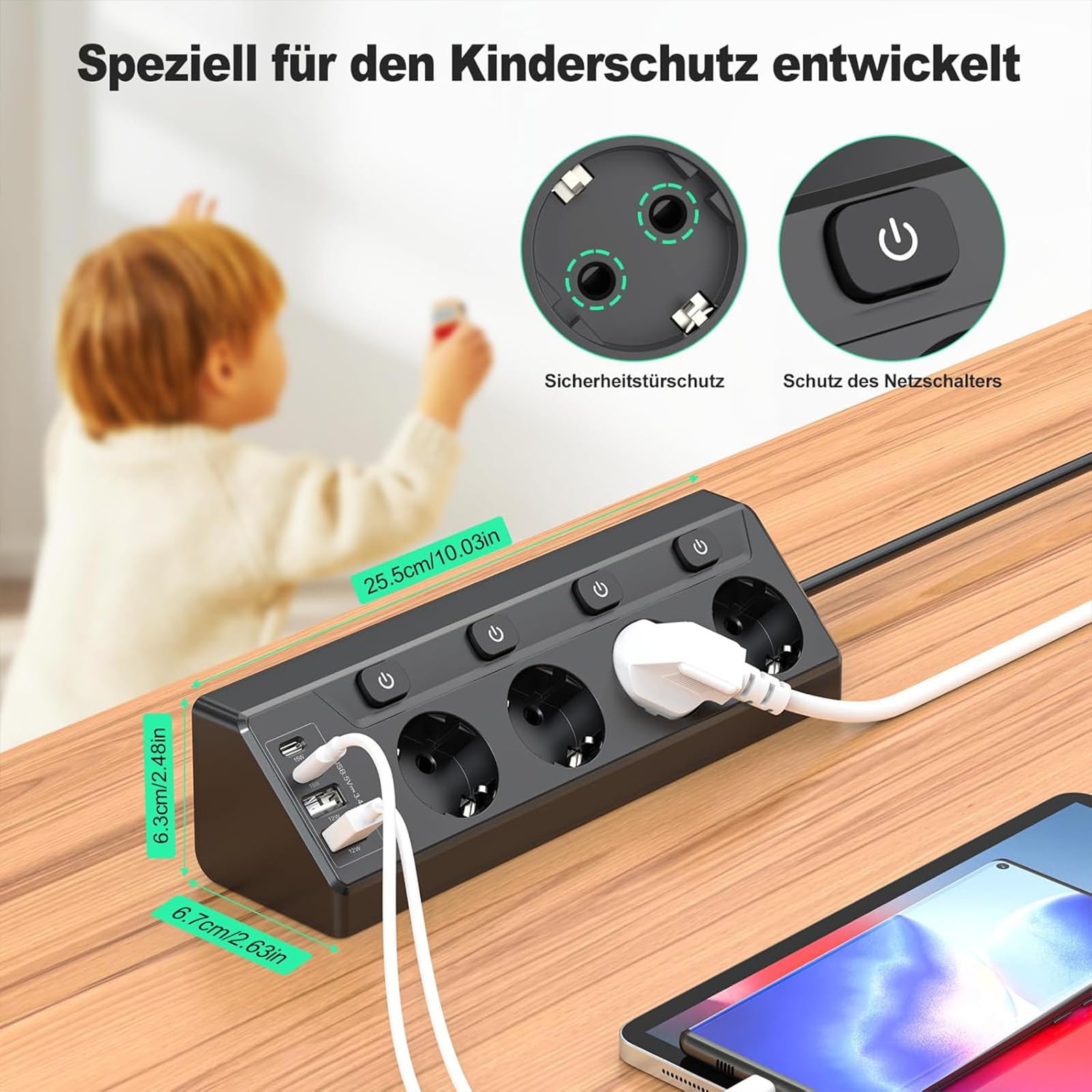 Listwa zasilająca z 2 gniazdami USB A i 2 typu C, 4 gniazda, pojedynczy przełącznik, listwa zasilająca z przedłużaczem 2 m, do biurka, narożniki, czarna