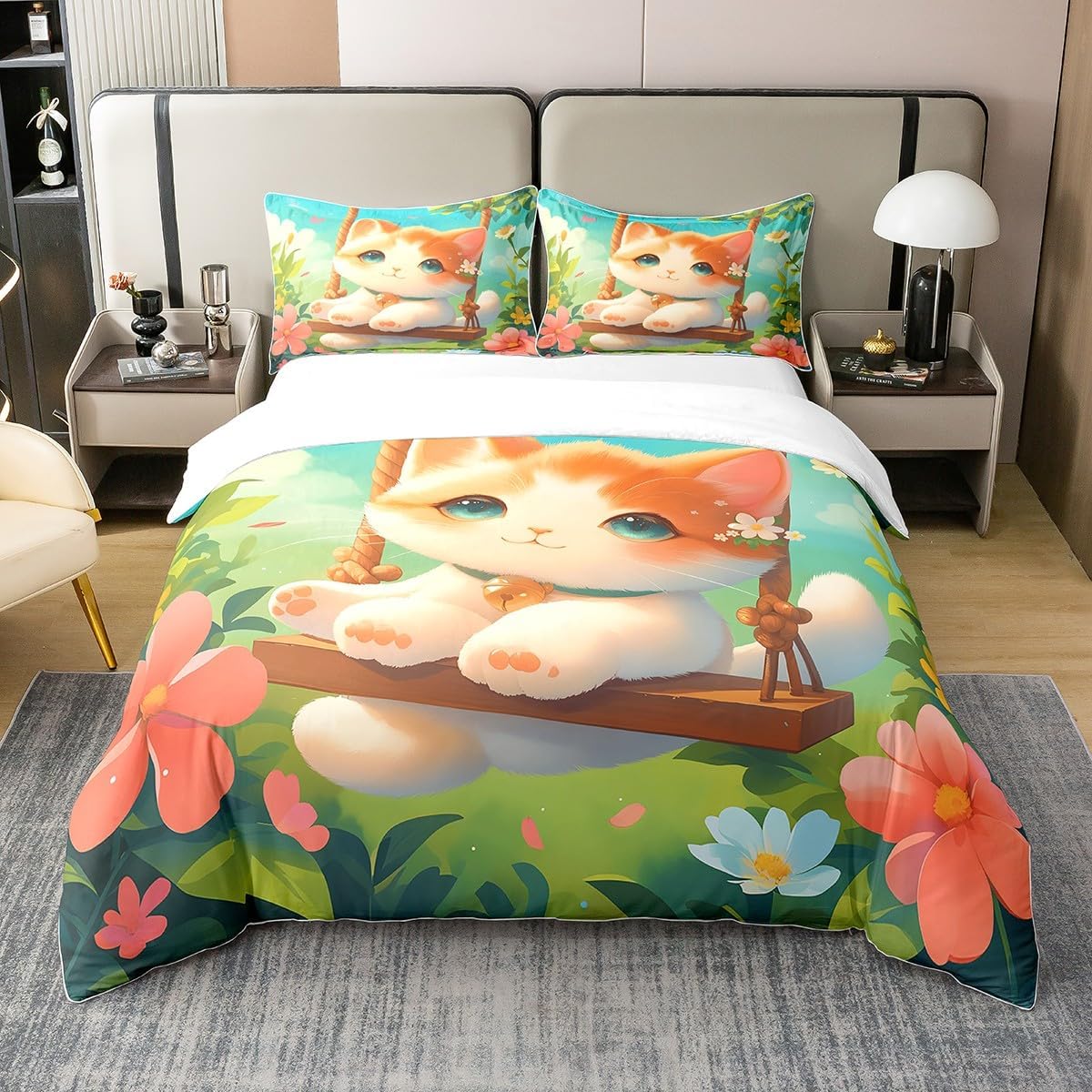 Feelyou Cute Cat Bedding Set Queen Size Cartoon Orange Cat Duvet Cover 100% Cotton Set for Kids Boys Girls Teens Toddler Flower Floral Comforter Cover Set Nutrue Theme Bedspread Cover 3Pcs