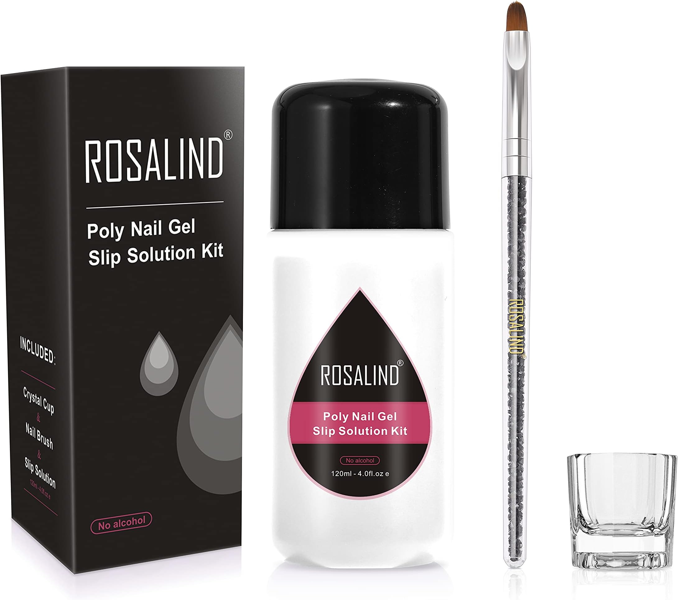ROSALIND Poly Nail Gel Slip Solution Kit 120ml with Mini Glass Cup and a Brush UV LED Nail Extension Liquid Solution for Nail Builder DIY Nail Art
