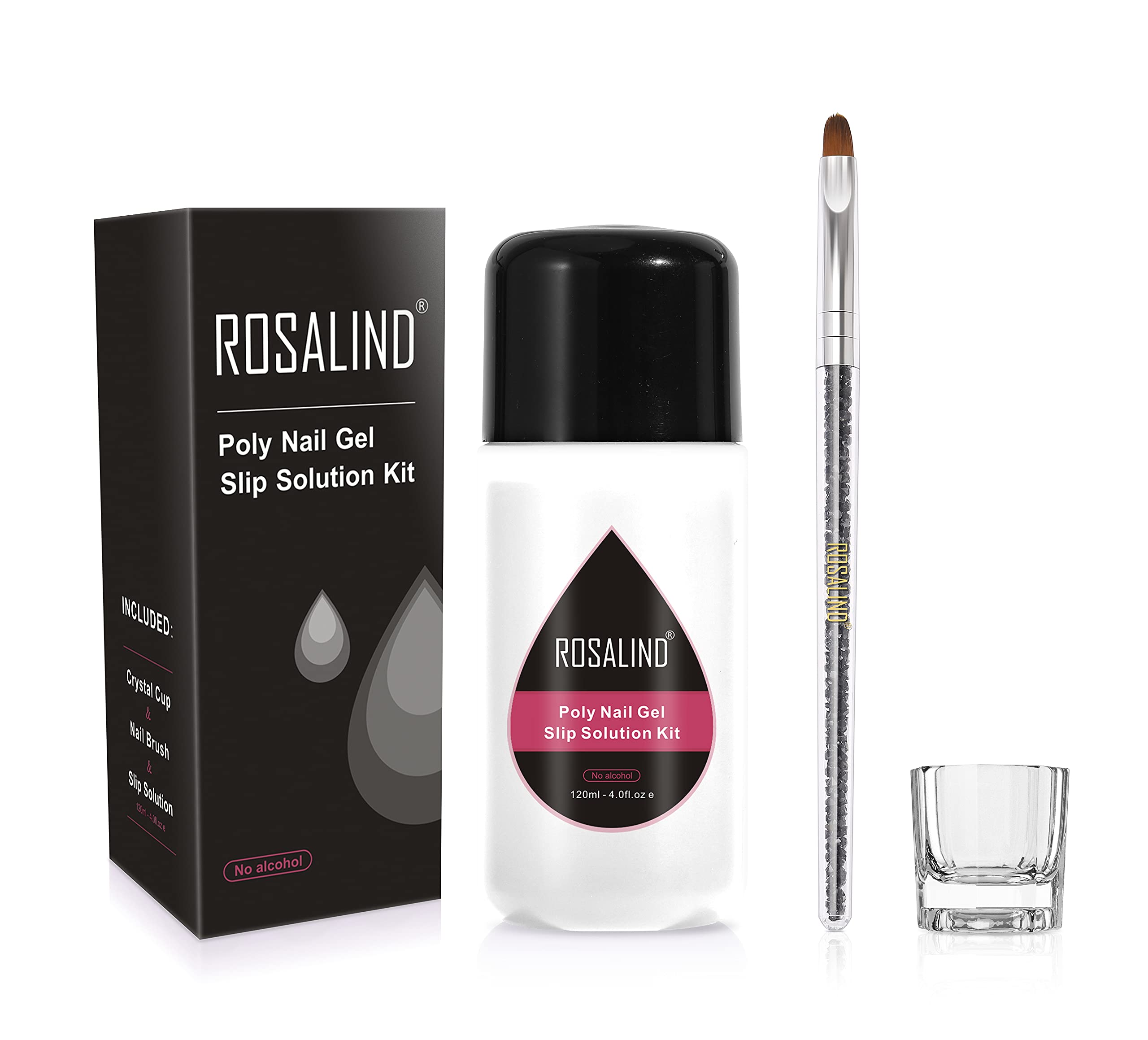ROSALIND Poly Nail Gel Slip Solution Kit 120ml with Mini Glass Cup and a Brush UV LED Nail Extension Liquid Solution for Nail Builder DIY Nail Art