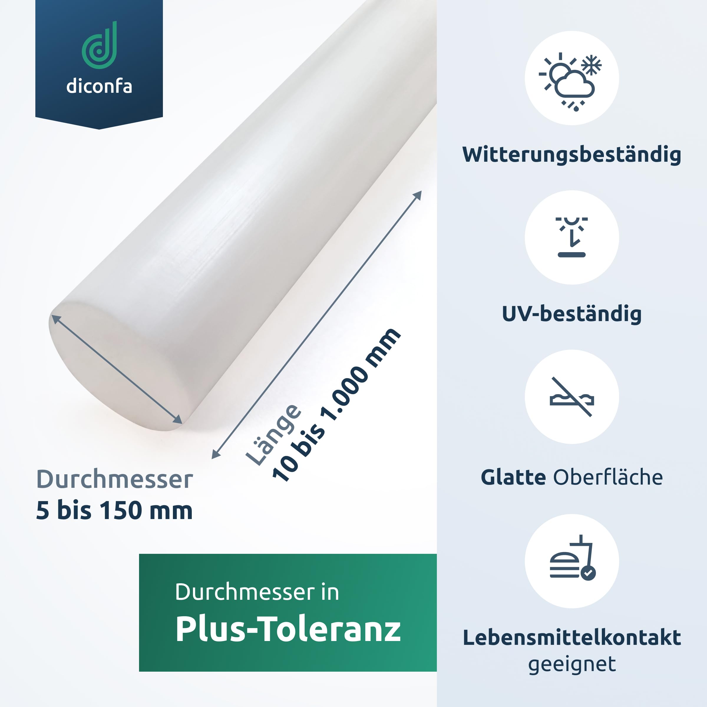 diconfa PTFE Téflon barre ronde sur mesure Ø 30mm x 500mm - barre en plastique virginal lisse