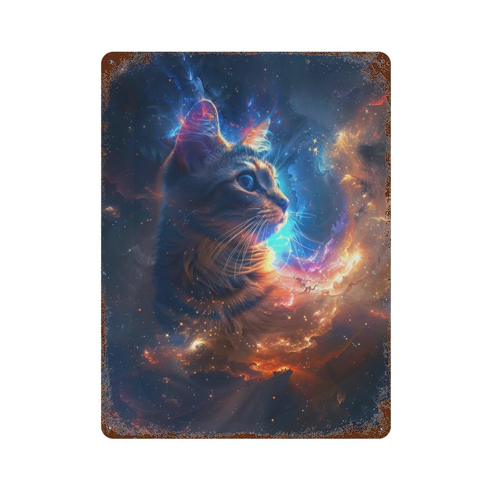 Rust Effect Cosmic Cat Portrait Distressed Metal Wall Sign 15.7"x11.8", Shabby Chic Decor for Pub, Kitchen And Man Cave Decor