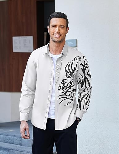 Miniatura 3 de COOFANDY Camisa de vestir con botones y estampado para hombre, camisas casuales de manga larga