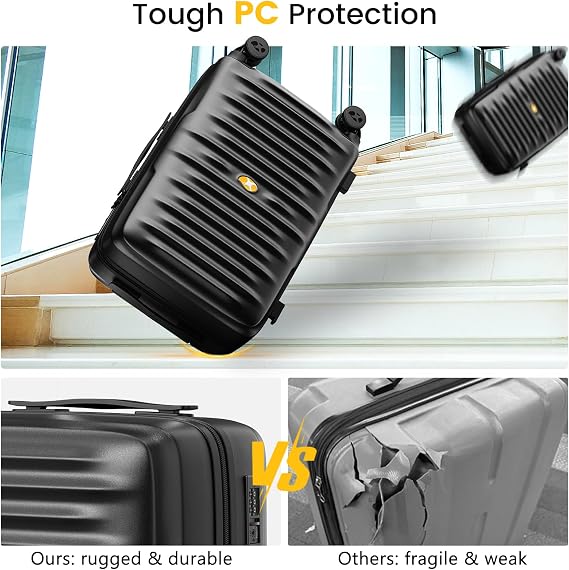 Carry On Luggage 22x14x9 Airline Approved, PC Hard Suitcases with Spinner Wheels, Lightweight Luggage, TSA Approved, 20 Inch Carry-On, Black