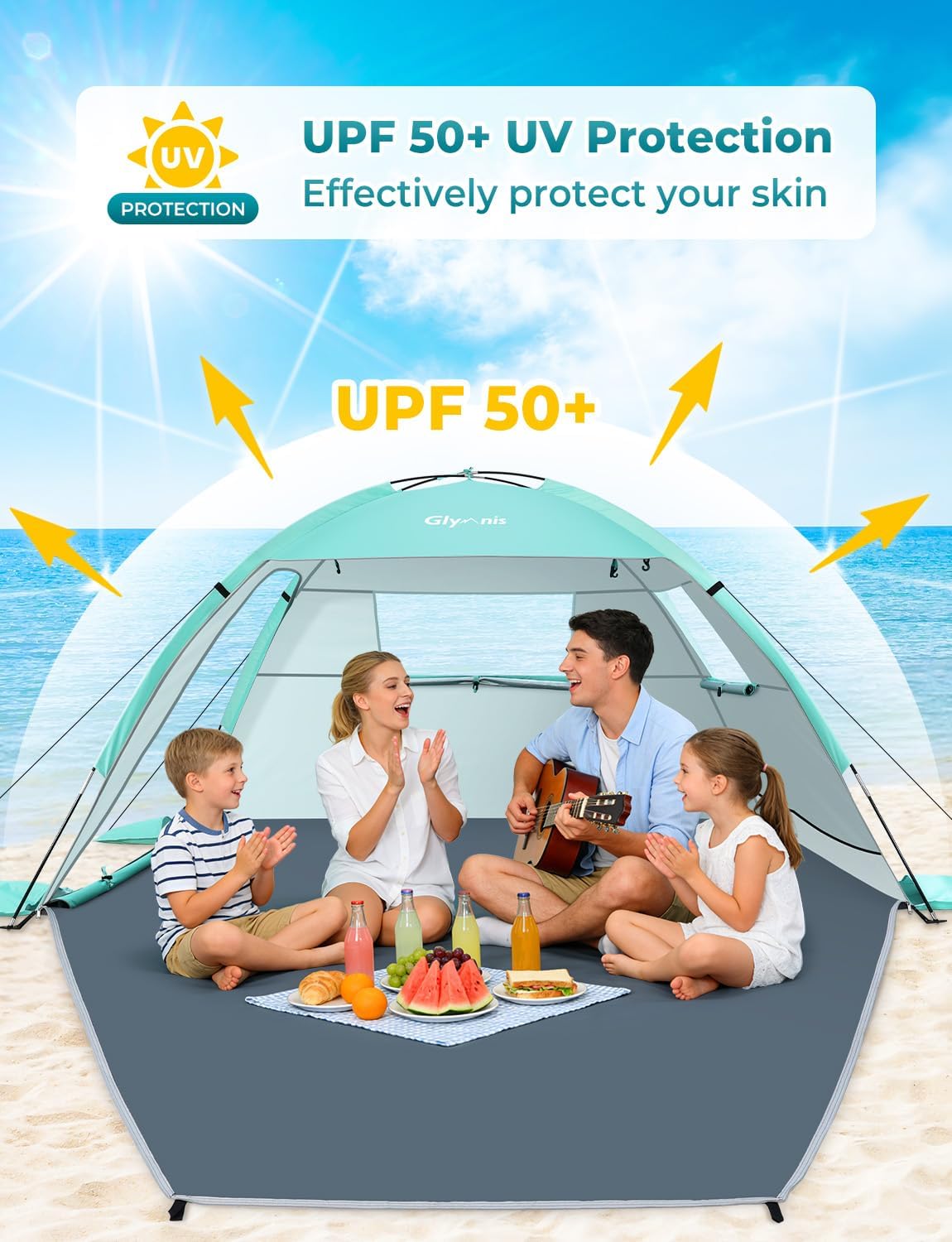 Glymnis Beach Tent Sun Shelter for 4 Person with UPF 50+ UV Protection, Lightweight & Easy Setup Beach Shade Canopy with Vent Windows & Zippered Door - Green