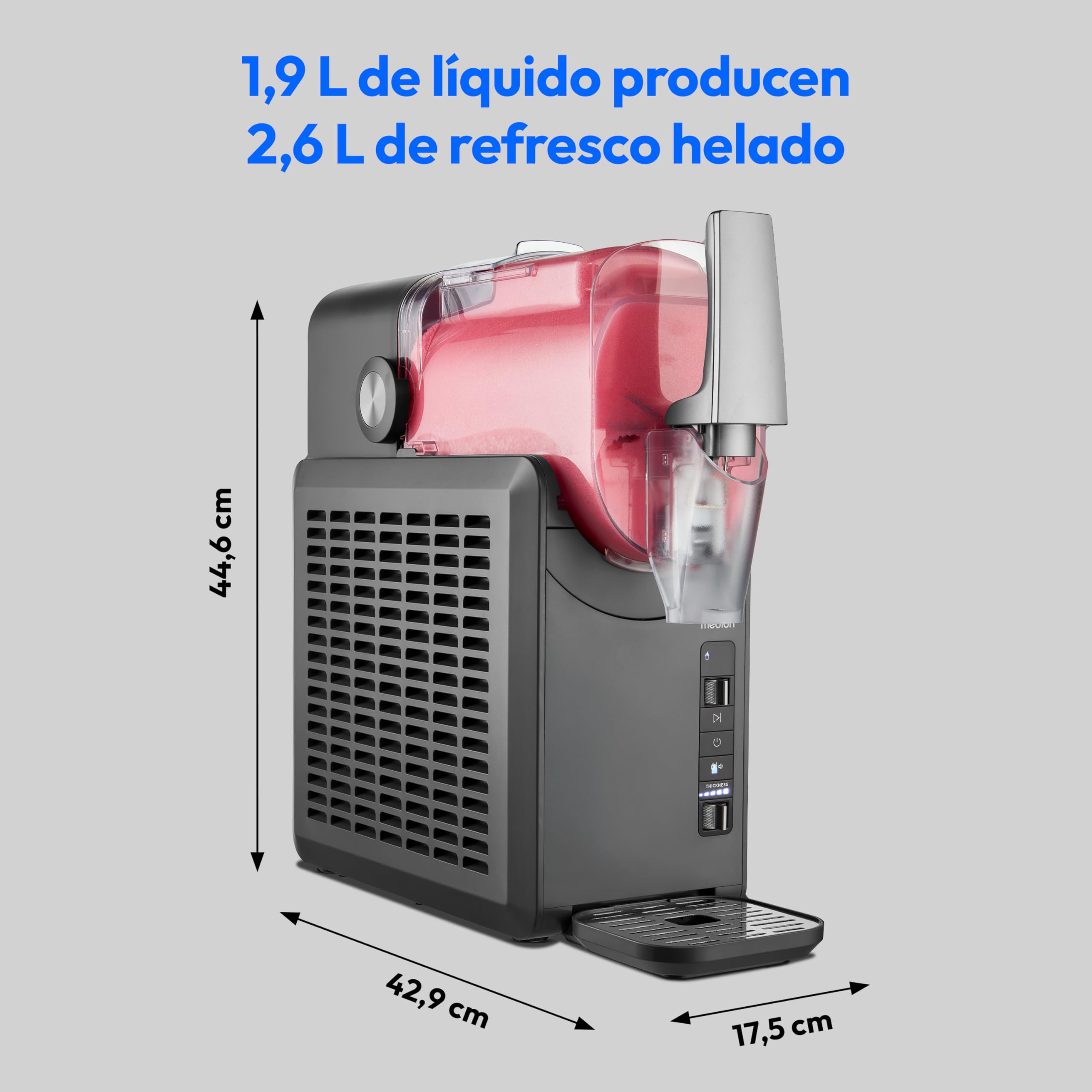 MEDION Máquina de granizados (capacidad de 2,6 L, depósito de 1,9 L, slush maker para bebidas, 5 modos, 30–60 min de preparación, con compresor), MD12090, plata