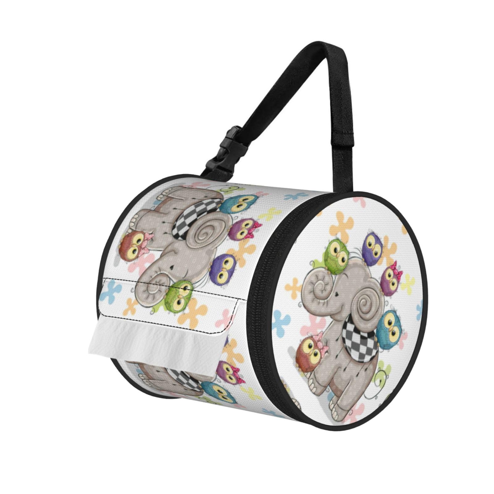 Jiuty Black Cartoon Elephant And Owls Floral Print Cylinder Tissue Organizer Bag With Strap, Portable Toilet Roll Holder For Camping Car
