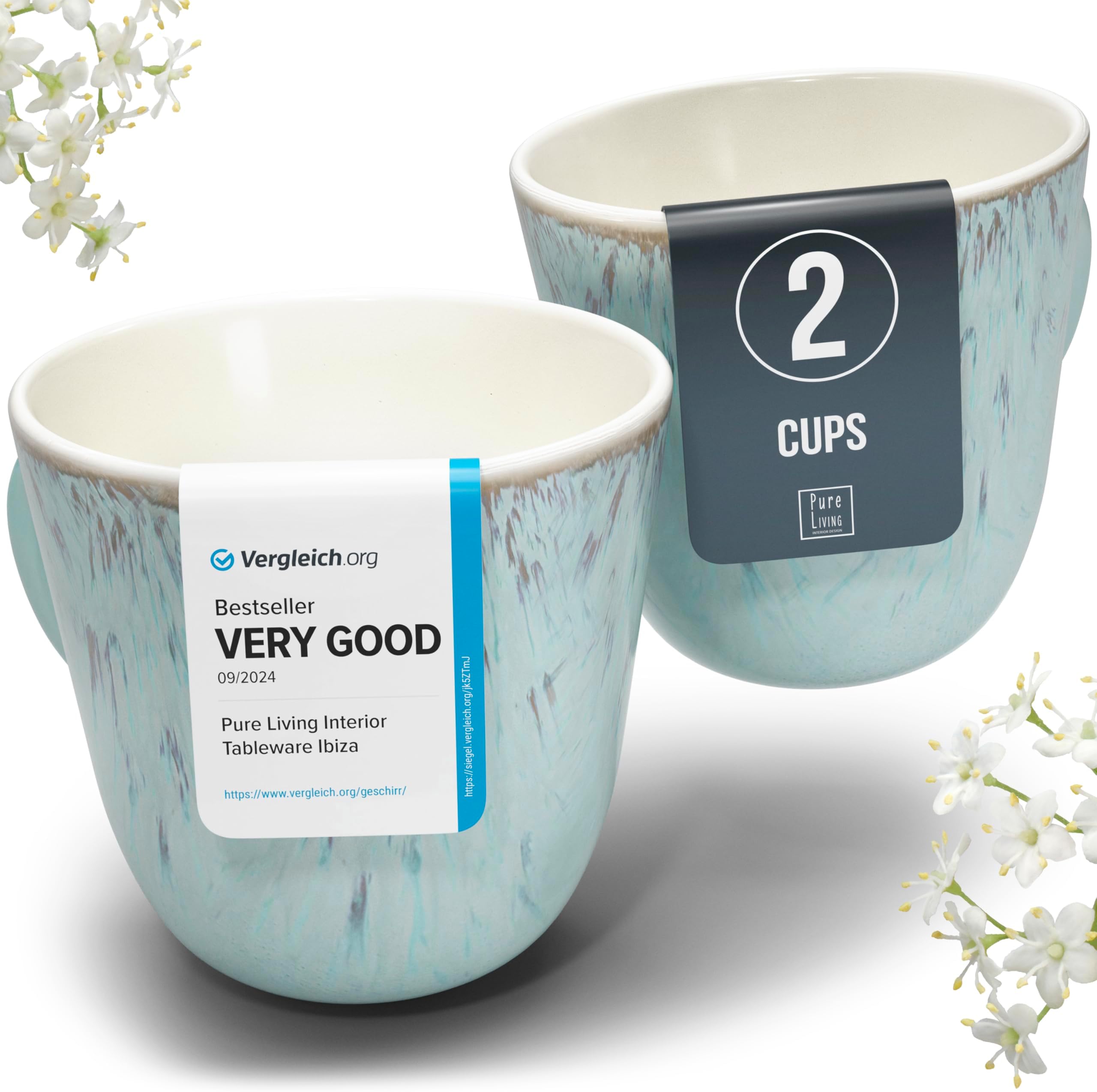 PURE LIVING INTERIOR DESIGN Stoneware Coffee Mugs Set of 2, Modern Beige-Blue, 14.5 Oz, Ceramic, Dishwasher & Microwave Safe