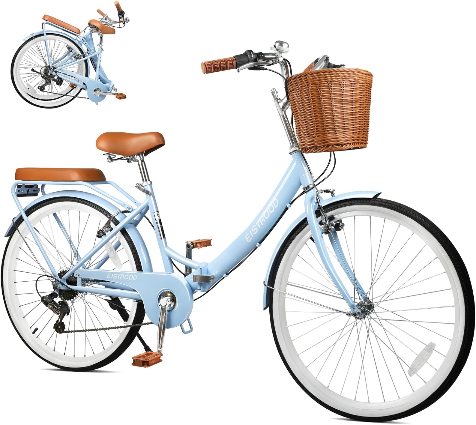 26Inch Foldable Women Bike, Womens Folding Bike with Basket, 7 Speed Beach Cruiser Fodable Bike for Women with Cushion, V-Brakes, Quick Install for Adults, Womens (Blue)