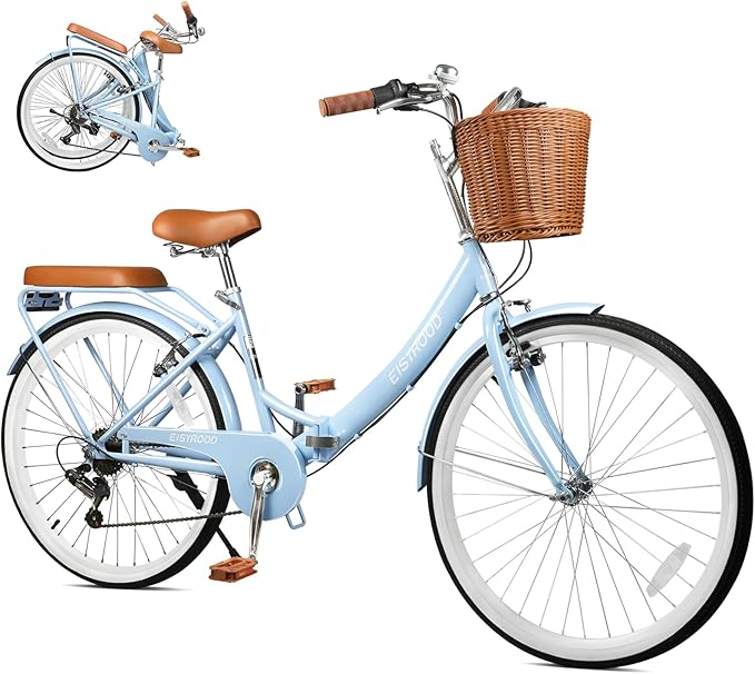26 Inch Foding Foldable Bike, 7 Speed Foldable Cruiser Bike with Adjustable Seat, Folding Womens Bike with Lightweight, Anti-Skid Tires & V-Brakes for Women