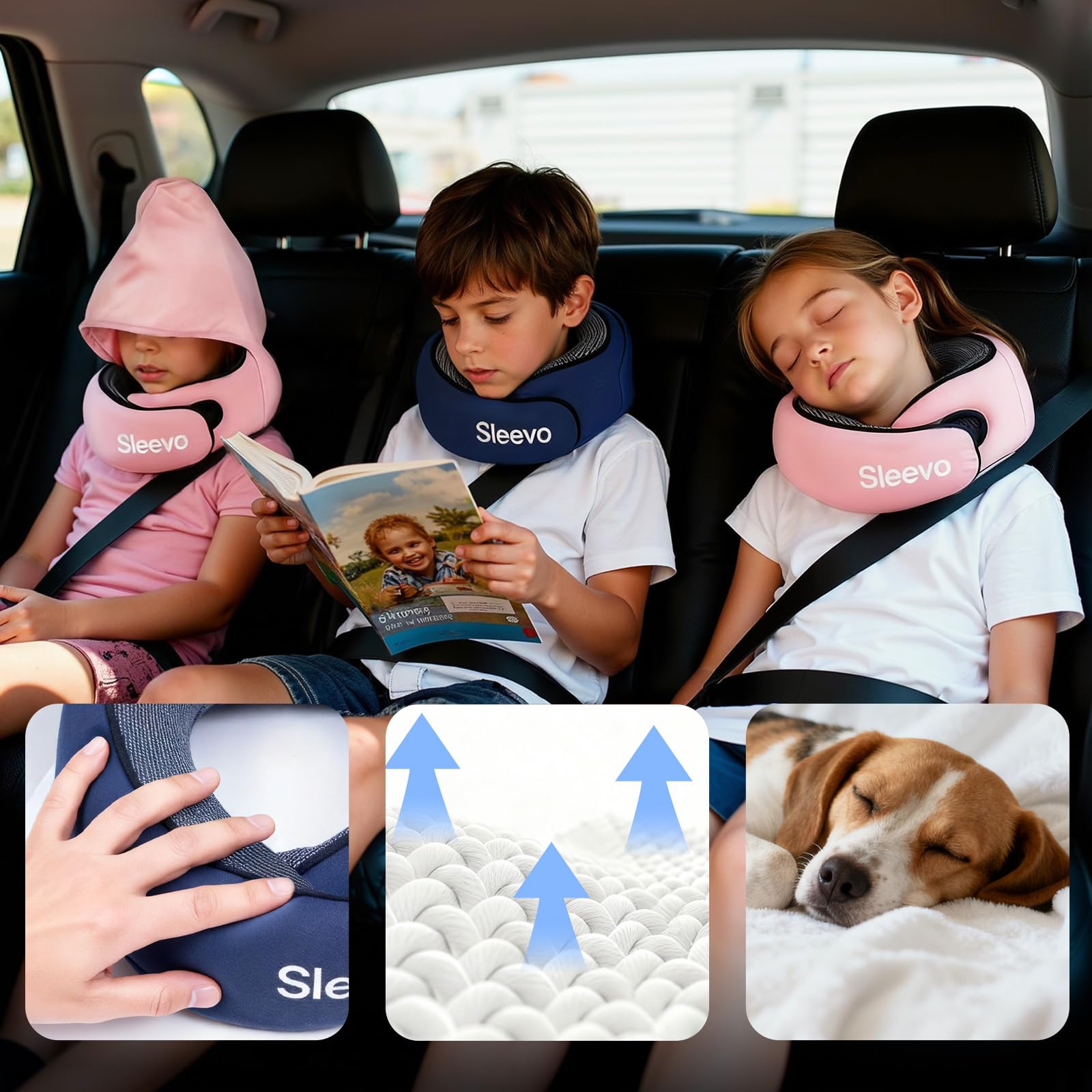 Coussin de nuque avion pour enfant avec capuche et mousse à mémoire de forme - Coussin de nuque et appui-tête pour voiture et avion - Coussin de voyage doux, lavable et ergonomique avec sac