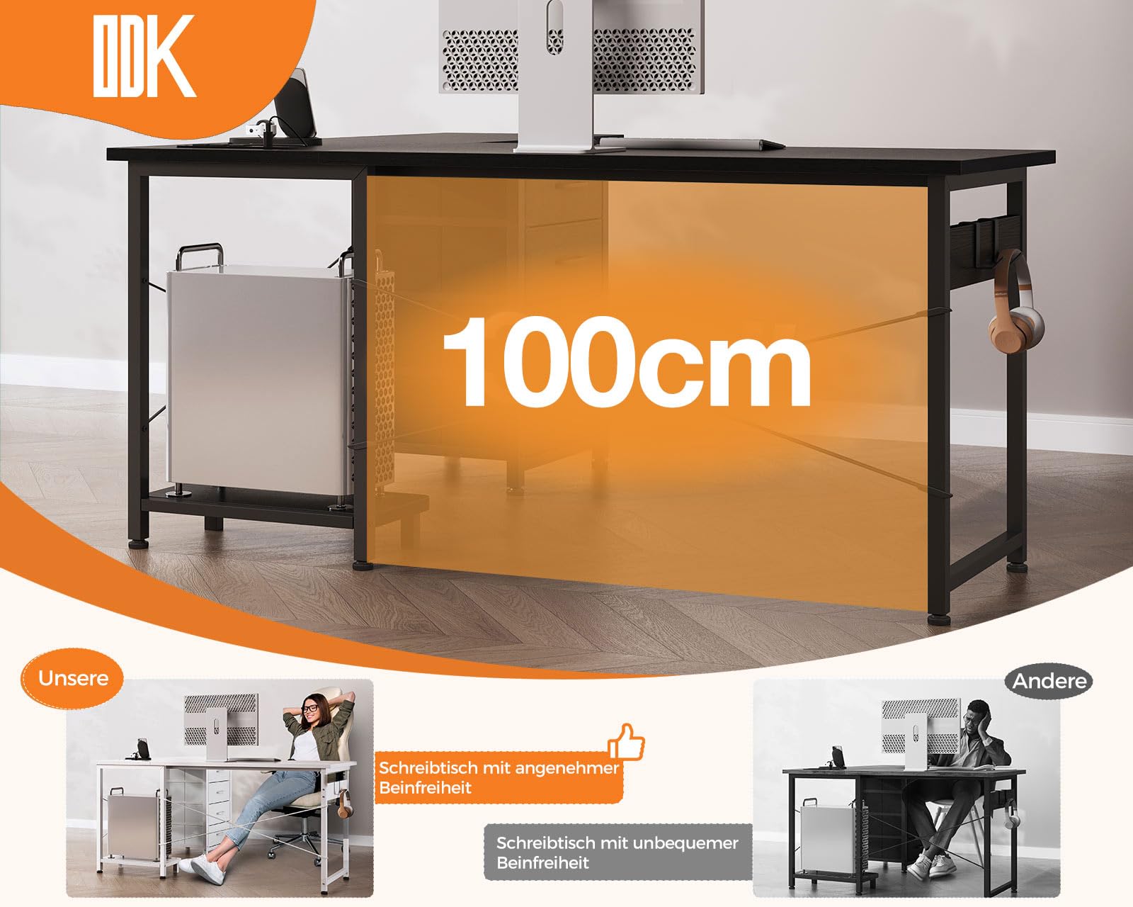 ODK Bureau d'angle avec 4 Tiroirs, 135×100 cm Bureau en L avec Prises de Courant et Ports de Charge USB, Table Angle avec Rangement Réversible pour Travailler et Jouer, Noir