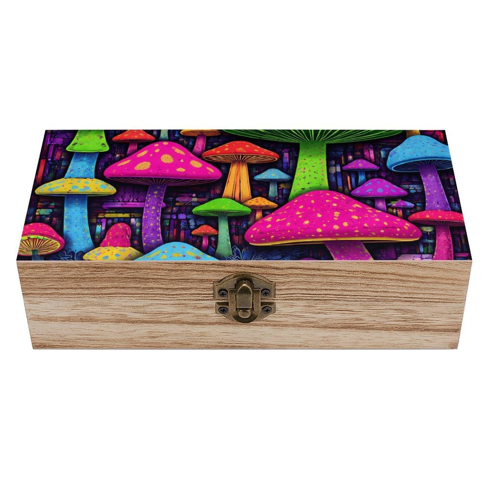 SMAZDFXX Arts Trippy Mushrooms Wooden Storage Box With Hinged Lid Decorative Front Clasp Keepsake Boxes