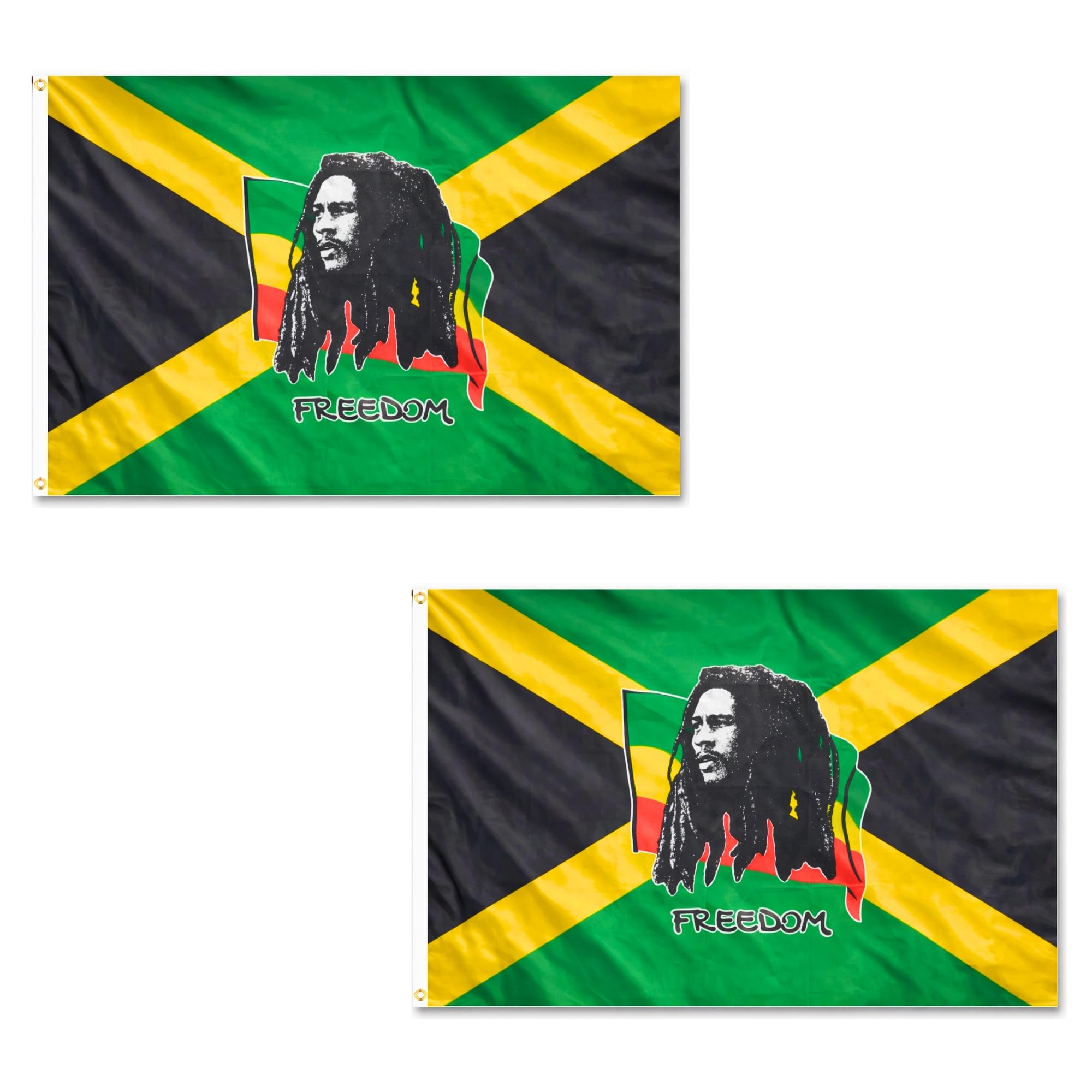 2 Pcs Bob Marley Jamaica Freedom Flag 5ft x 3ft with Brass Eyelets – Polyester Jamaican Reggae Banner for Reggae Festivals, Room Decor, Room & Garden Decor