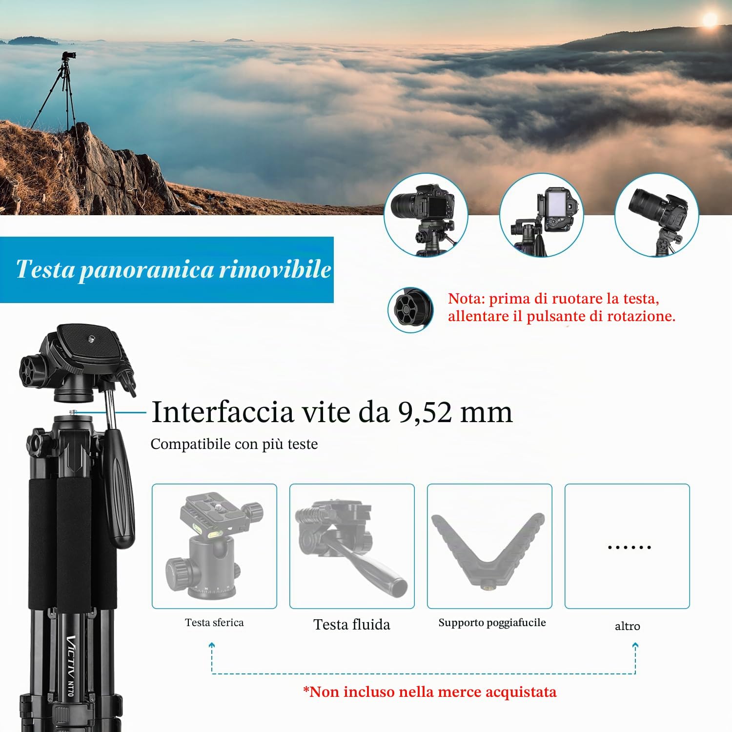 Victiv Treppiede Fotocamera e Smartphone 185 cm, Cavalletto Fotografico in Alluminio Leggero, con Testina a 3 Vie Rimovibile, Supporto Smartphone e Telecomando Bluetooth, per DSLR Sony Canon Nikon