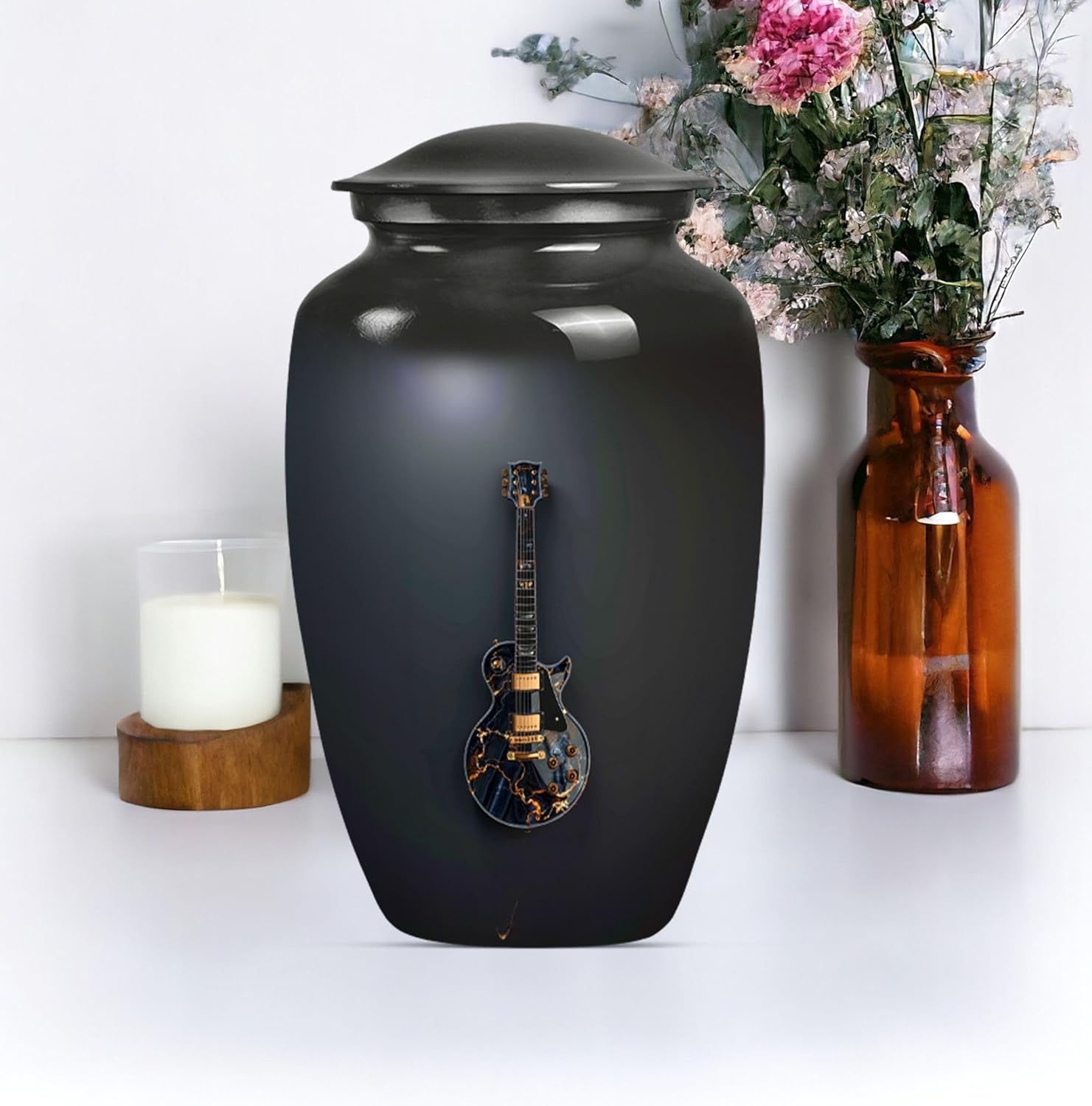 Guitar Urn - Memorial Urns for Human Ashes - Black Guitar Urn for Human Ashes Adul Male - Decorative Urns for Adult Female - 10 inch Large Ash Container