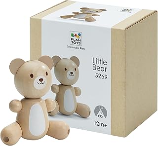 PlanToys® Little Bear Wooden Baby Rattle & Grasping Toy | Montessori Sensory Development for Coordination, Focus & Auditory Learning | Eco-Friendly Infant Educational Toy