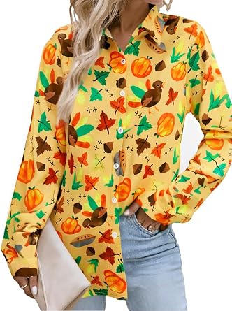 LUKYCILD Thanksgiving Shirts for Women Turkey Shirt Pumpkin Button Down Long Sleeve Blouse Thankful Shirt Fall Clothes Tops