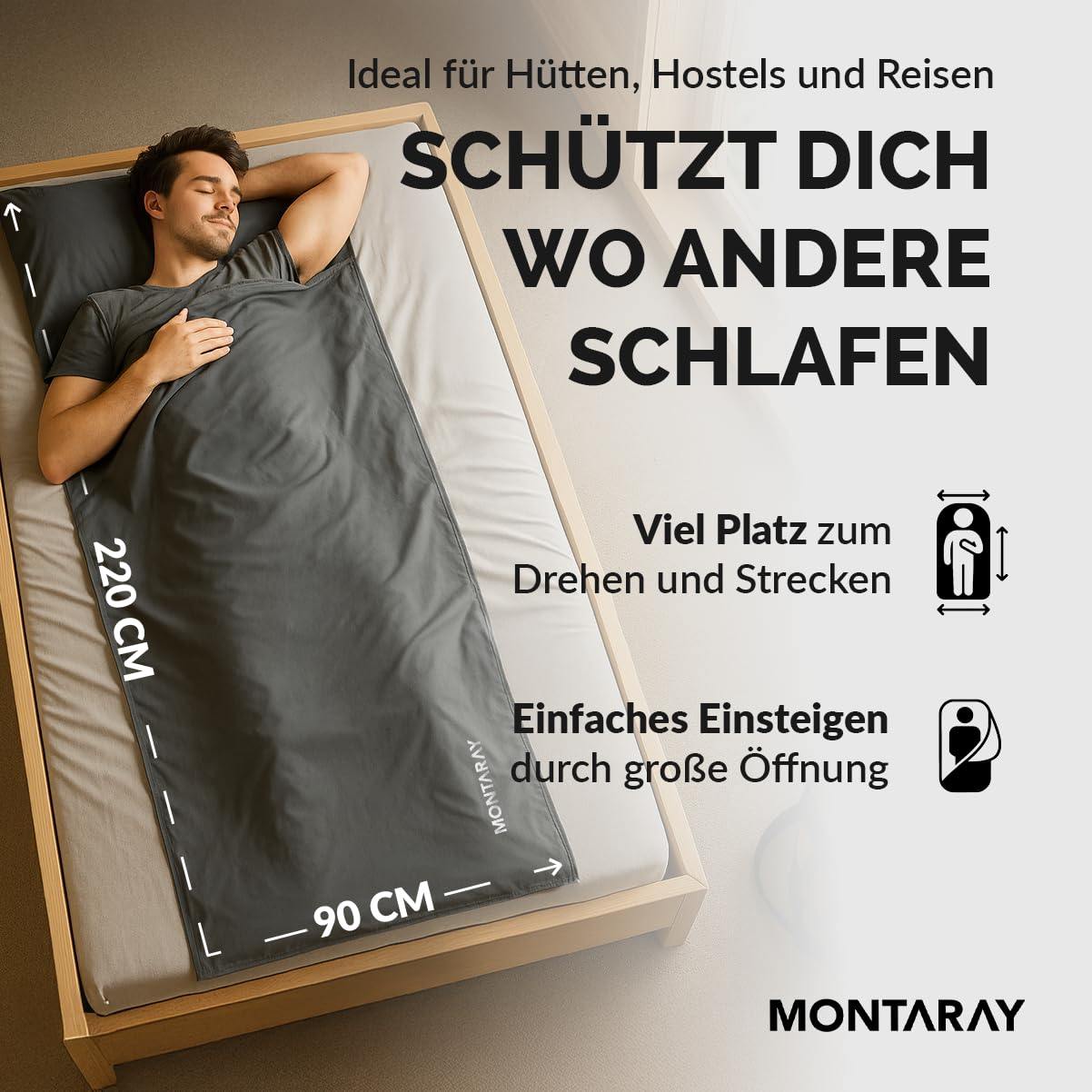 Hüttenschlafsack [Baumwolle o. Mikrofaser] Ultraleicht, Doppellagig, kleines Packmaß, Weich & Hautfreundlich mit Kissenfach, Augenmaske & Ohrstöpsel, Atmungsaktiv & Kompakt 220x90cm, Für Hütte & Reise