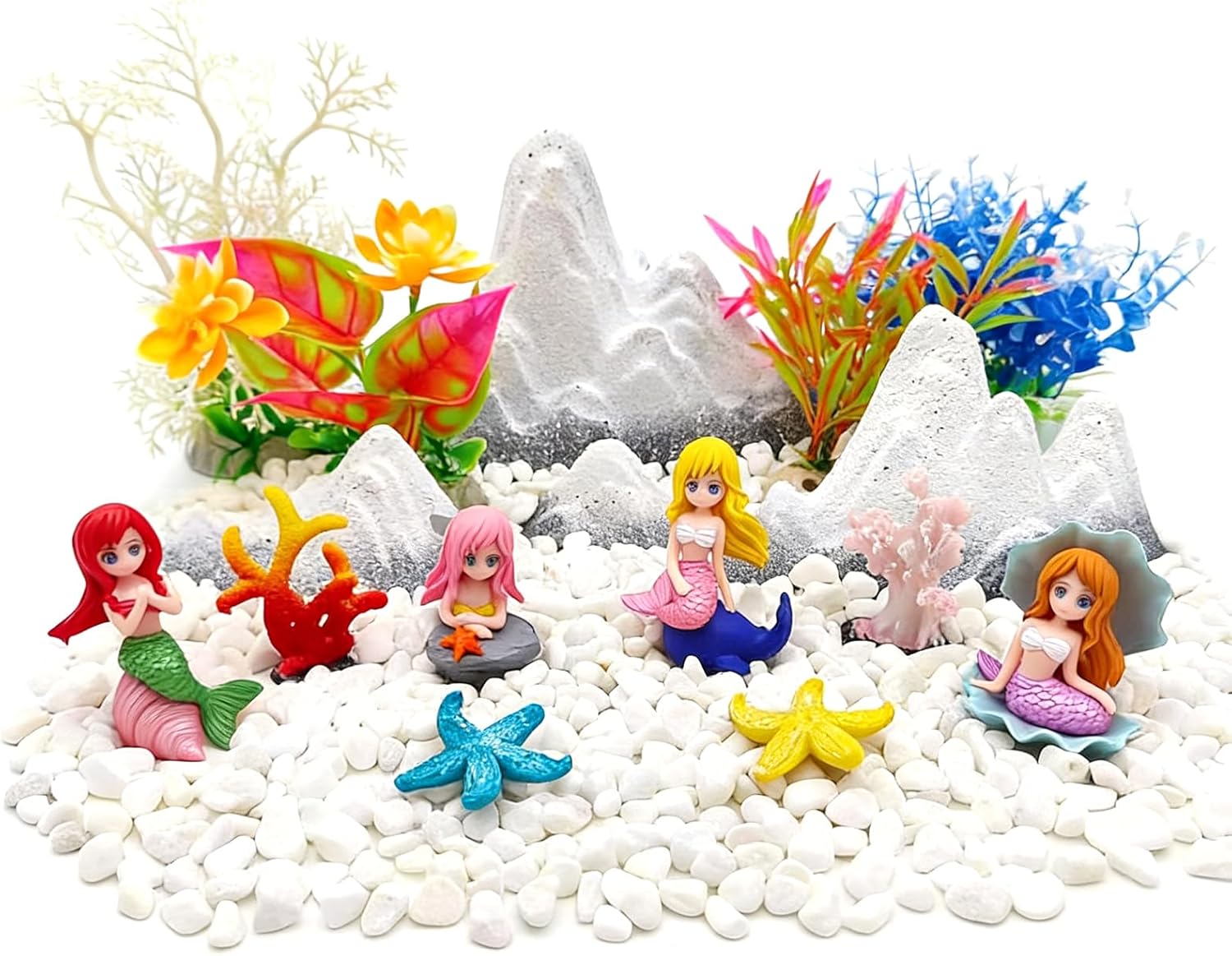 17PCS Snow Mountain Little Mermaid Starfish Coral Fish Tank Decor Set with 800g of White Gravel, Aquarium Accessories with Plastic Plants