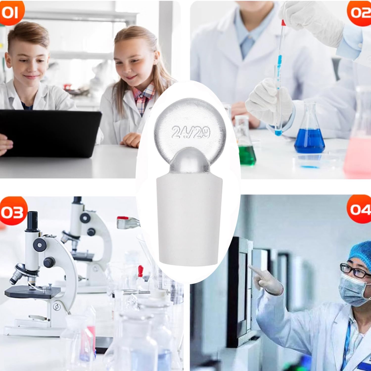 8pcs Borosilicate Glass Solid Cone Penny Head Stopper with Standard Size Joint for Sealing Lab Glassware (24/29)