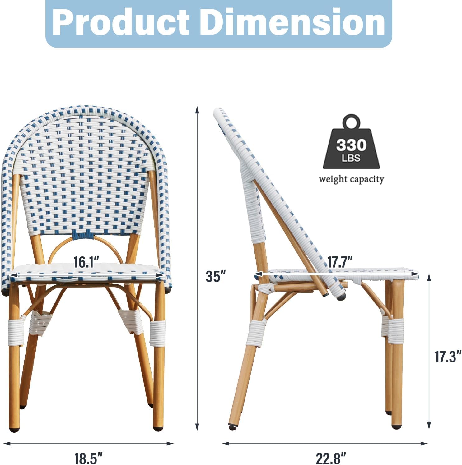 ECOTOUGE Outdoor French Bistro Chair Set of 4, Wicker Patio Dining Chairs with Print Finish, Accent Hand-Woven Rattan Furniture for Porch Garden Indoor, Blue&White