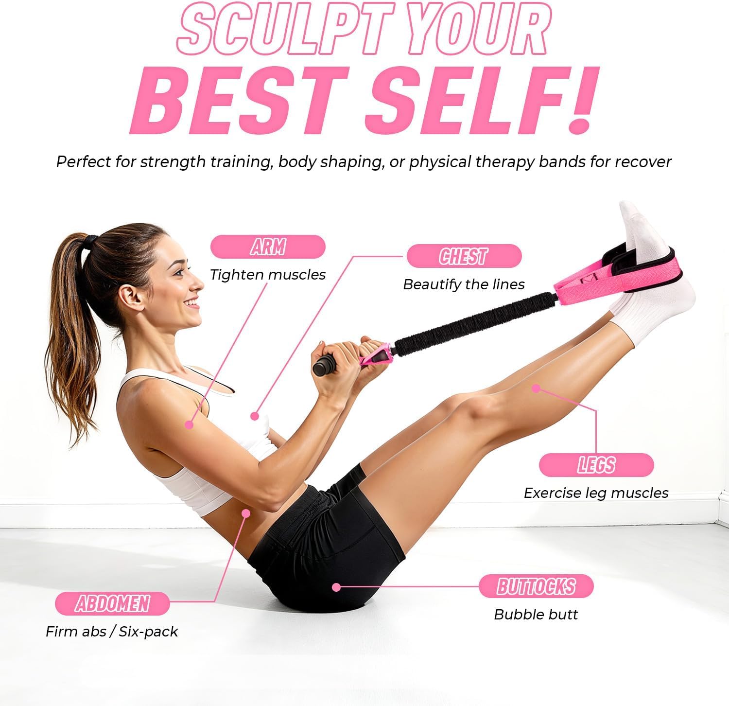 Banda de ejercicio de resistencia con asas para terapia física, entrenamiento de fuerza, tonificación muscular, yoga, pilates, con anclaje de puerta y bolsa de almacenamiento. (morado)
