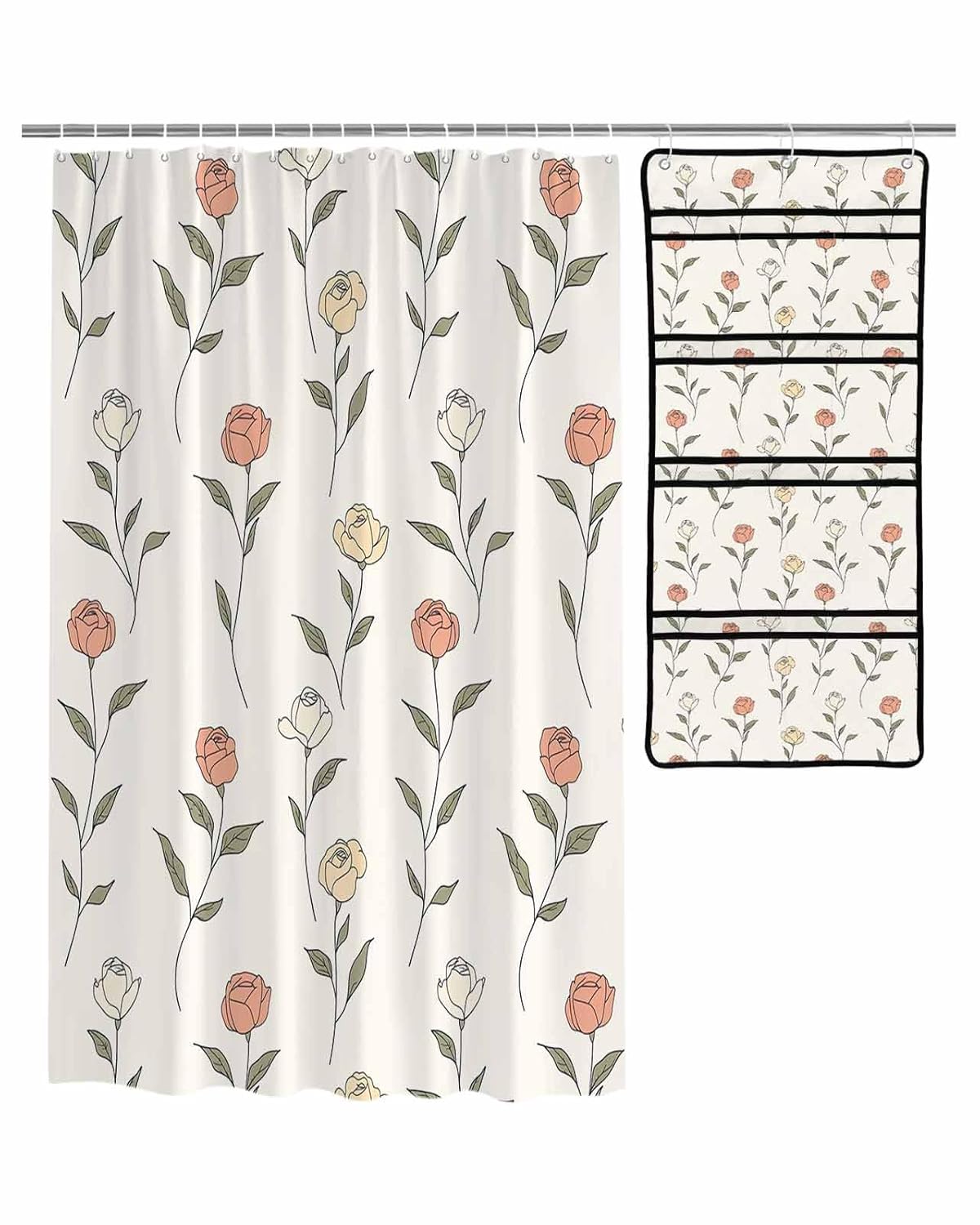 ZFUNCING Shower Curtain Mesh Shower Organizer Set Watercolor Blossom Rose Sketch Waterproof Bath Curtains Hanging Shower Caddy Bathroom