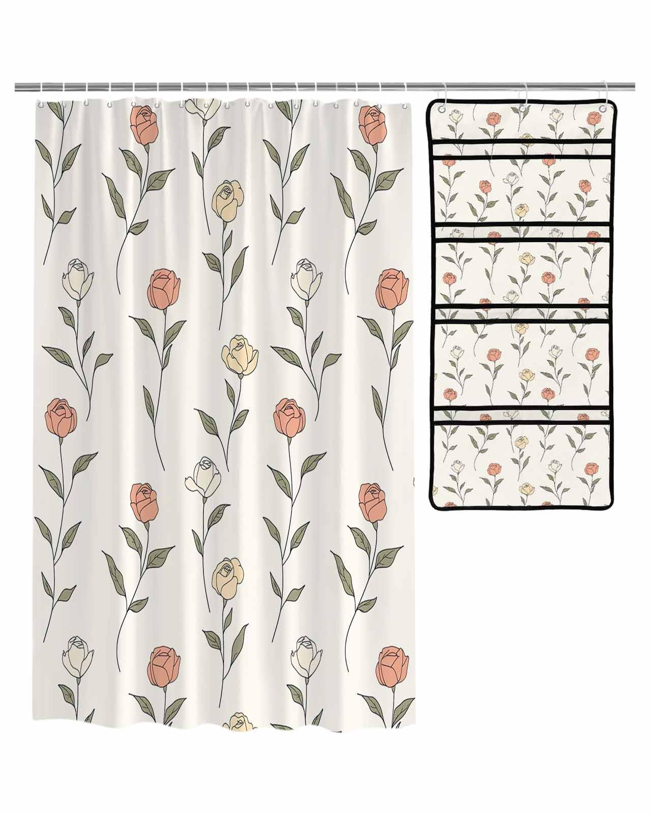 ZFUNCING Shower Curtain Mesh Shower Organizer Set Watercolor Blossom Rose Sketch Waterproof Bath Curtains Hanging Shower Caddy Bathroom